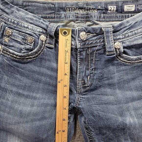 Miss Me Jeans Womens 27 Blue Signature Skinny Embellished Raw Hem *Cut off* - Picture 8 of 10
